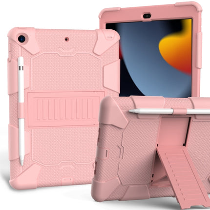 For iPad 10.2 Shockproof Two-Color Silicone Protection Case with Holder & Pen Slot(Rose Gold)-garmade.com
