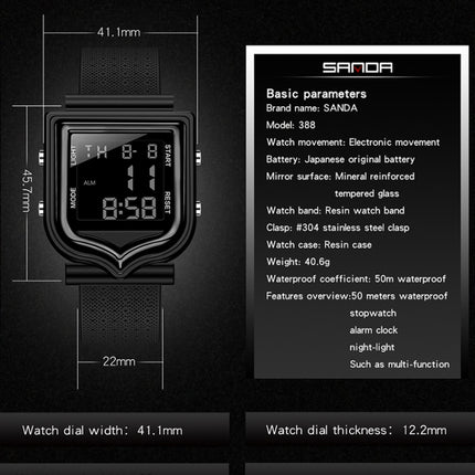 SANDA 388 Fashionable Square Outdoor Sports Leisure Watch Men's And Women's Multi-Functional Waterproof Luminous Electronic Watch(Black)-garmade.com