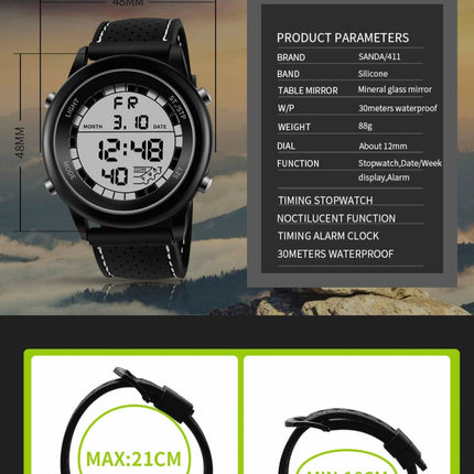 SANDA 411 Multifunctional Wports Watch Male Youth Fashion Model Male Waterproof Student Electronic Watch(Black White)-garmade.com