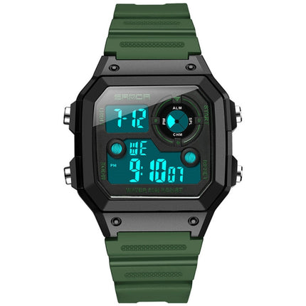 SANDA418 Square Wristwatch Swimming Waterproof Alarm Night light Male Student Watch Simple Fashion Sports Watch(Green)-garmade.com