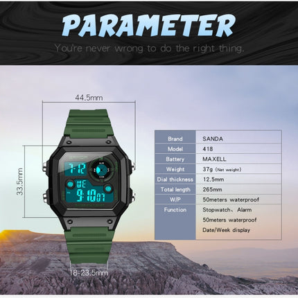 SANDA418 Square Wristwatch Swimming Waterproof Alarm Night light Male Student Watch Simple Fashion Sports Watch(Green)-garmade.com