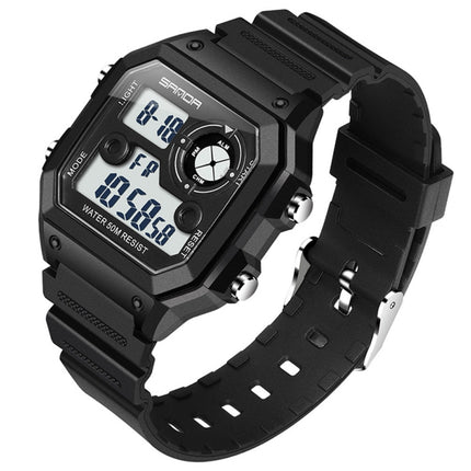 SANDA418 Square Wristwatch Swimming Waterproof Alarm Night light Male Student Watch Simple Fashion Sports Watch(Black White)-garmade.com