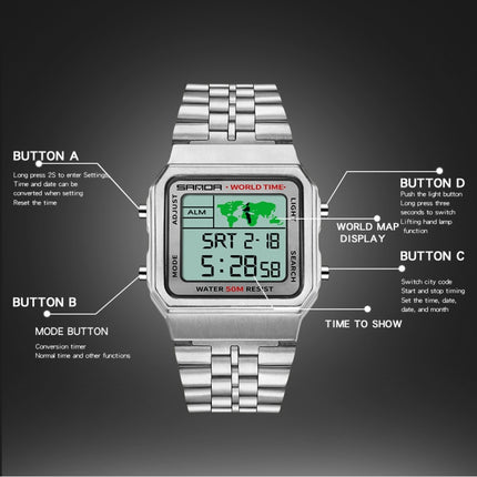 SANDA 500 Business Fashion Square Flashlight Electronic Watch World Map Multi Functional Male Student Steel Wristwatch(White)-garmade.com