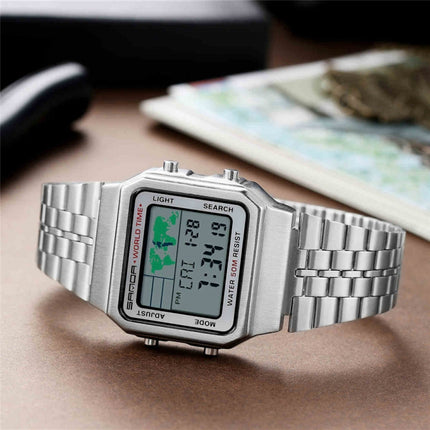 SANDA 500 Business Fashion Square Flashlight Electronic Watch World Map Multi Functional Male Student Steel Wristwatch(White)-garmade.com