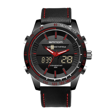 SANDA 774 Men Belt Watch Dual Display Multi Function Sports Electronic Watch Fashion Trend Leisure Waterproof Luminous Watch(Red)-garmade.com