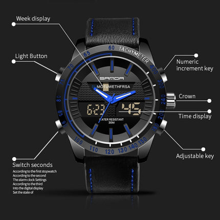 SANDA 774 Men Belt Watch Dual Display Multi Function Sports Electronic Watch Fashion Trend Leisure Waterproof Luminous Watch(Red)-garmade.com