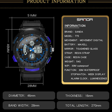 SANDA 775 Watch Male Electronic Watch Adult Middle School Students Youth Multi Functional Sports Water Proof Trend Double Watch(Red)-garmade.com
