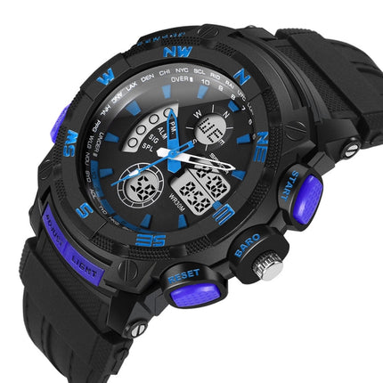 SANDA 775 Watch Male Electronic Watch Adult Middle School Students Youth Multi Functional Sports Water Proof Trend Double Watch(Blue)-garmade.com