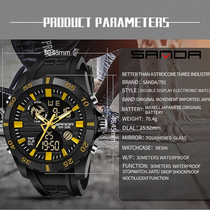 SANDA 791 Watch Genuine Fashion Sports Multifunction Electronic Watch Popular Men luminous Wrist Watch(Yellow)-garmade.com