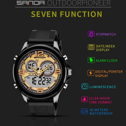 SANDA 793 large Dial Tide Watch Student Fashion Trend Multi Function Double Glow Waterproof Electronic Watch(Gold)-garmade.com