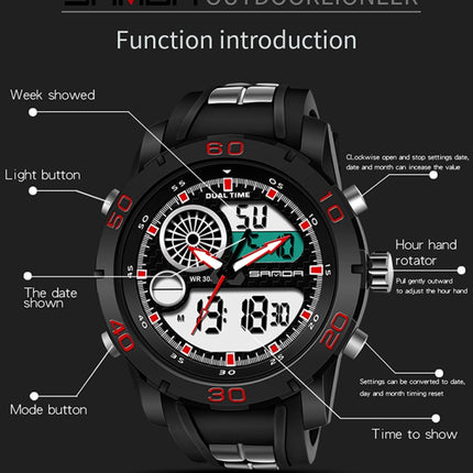 SANDA New Waterproof Luminous Plastic Multi Functional Watch Men Outdoor Sports LED Electronic Watch(Red)-garmade.com