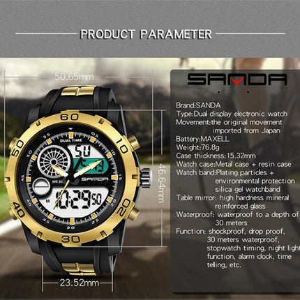 SANDA New Waterproof Luminous Plastic Multi Functional Watch Men Outdoor Sports LED Electronic Watch(Gold)-garmade.com