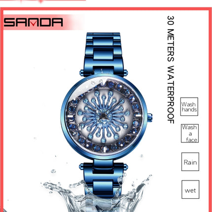 SANDA 1017 Lady Watch All Over The Sky Star 360 Degree Rotating Watch Diamond Steel Band Women Watch(Black)-garmade.com