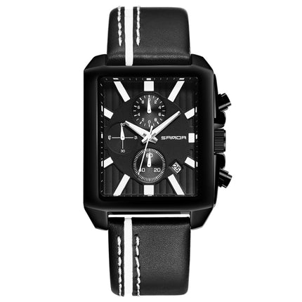 SANDA 5003 Three Eye Watch Six Pin Multi Purpose Sport Men Watch Leather Watch Student Waterproof Quartz Watch(Black)-garmade.com