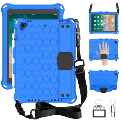 For iPad Air / Air 2 / Pro 9.7 / iPad 9.7 (2017) / iPad 9.7 (2018) Honeycomb Design EVA + PC Four Corner Shockproof Protective Case with Straps(Blue+Black)-garmade.com