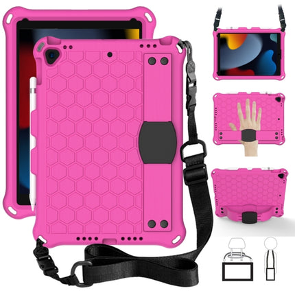 For iPad 10.2 Honeycomb Design EVA + PC Four Corner Shockproof Protective Case with Straps(RoseRed+Black)-garmade.com