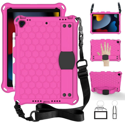 For iPad Air 2019 10.5 Honeycomb Design EVA + PC Four Corner Anti Falling Flat Protective Shell With Straps(RoseRed+Black)-garmade.com