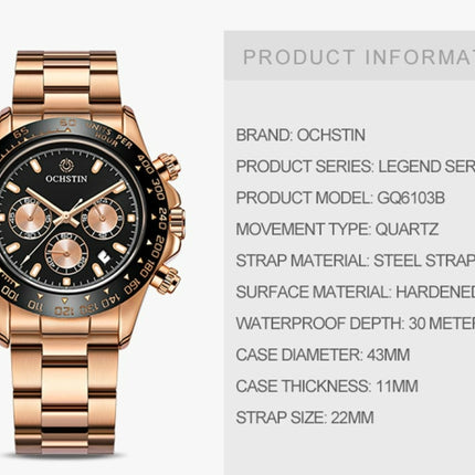 OCHSTIN Augusten 6103B Multi Function Quartz Watch Sports luminous Waterproof Watch Calendar Steel Band Men Watch(Gold)-garmade.com