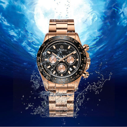 OCHSTIN Augusten 6103B Multi Function Quartz Watch Sports luminous Waterproof Watch Calendar Steel Band Men Watch(Rose Gold Black)-garmade.com