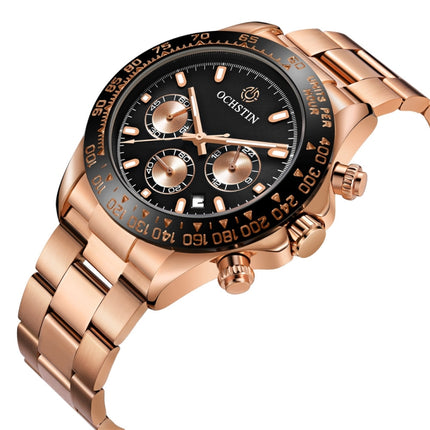 OCHSTIN Augusten 6103B Multi Function Quartz Watch Sports luminous Waterproof Watch Calendar Steel Band Men Watch(Rose Gold Black)-garmade.com