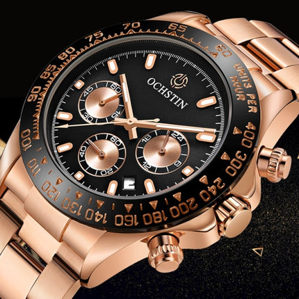 OCHSTIN Augusten 6103B Multi Function Quartz Watch Sports luminous Waterproof Watch Calendar Steel Band Men Watch(Rose Gold Black)-garmade.com