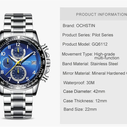 OCHSTIN 6112 Men Multi Function Watch Fashion Sports Business Calendar Luminous Men Watch Quartz Watch Steel Watch(Black)-garmade.com