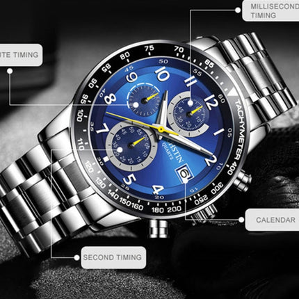 OCHSTIN 6112 Men Multi Function Watch Fashion Sports Business Calendar Luminous Men Watch Quartz Watch Steel Watch(Blue)-garmade.com