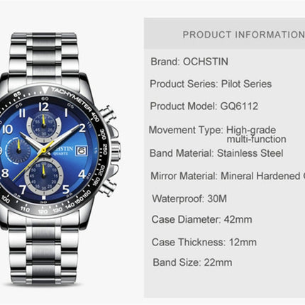 OCHSTIN 6112 Men Multi Function Watch Fashion Sports Business Calendar Luminous Men Watch Quartz Watch Steel Watch(Blue)-garmade.com