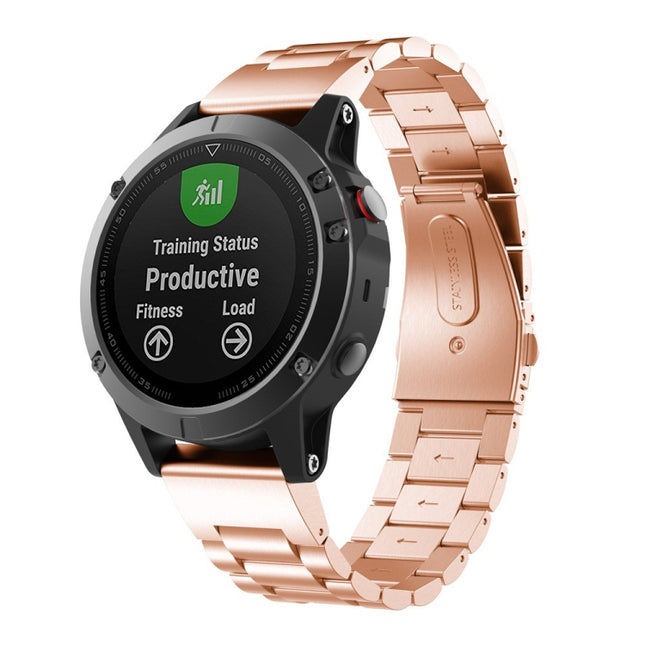 For Garmin Fenix 5X Three-Bead Stainless Steel Metal Watchband, Size:26MM(Rose Gold)-garmade.com