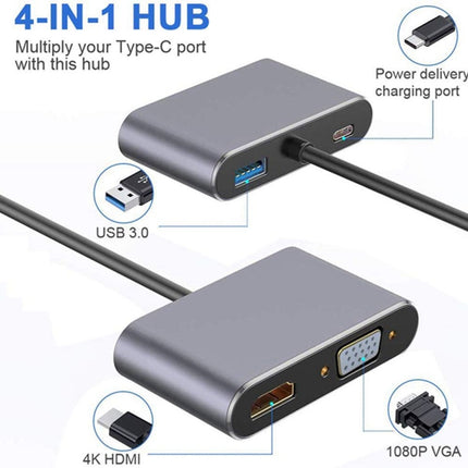 USB C to HDMI VGA 4K Adapter 4-in-1 Type C Adapter Hub to HDMI VGA USB 3.0 Digital AV Multiport Adapter with USB-C PD Charging Port Compatible for Nintendo Switch/Samsung/MacBook(Grey)-garmade.com
