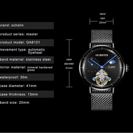 OCHSTIN 6121 Flywheel Mechanical Watch Fashion Hollow Full Automatic Mechanical Watch Business Men Watch Stainless Steel Watch Waterproof Watch(White)-garmade.com