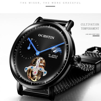 OCHSTIN 6121 Flywheel Mechanical Watch Fashion Hollow Full Automatic Mechanical Watch Business Men Watch Stainless Steel Watch Waterproof Watch(Black)-garmade.com