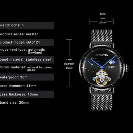OCHSTIN 6121 Flywheel Mechanical Watch Fashion Hollow Full Automatic Mechanical Watch Business Men Watch Stainless Steel Watch Waterproof Watch(Black)-garmade.com