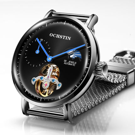 OCHSTIN 6121 Flywheel Mechanical Watch Fashion Hollow Full Automatic Mechanical Watch Business Men Watch Stainless Steel Watch Waterproof Watch(Silver Black)-garmade.com