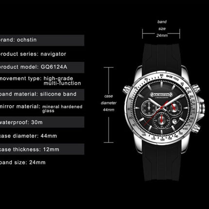 OCHSTIN 6125A Multi Function Chronograph Men Sports Silicone Quartz Waterproof Men Watch(Black)-garmade.com