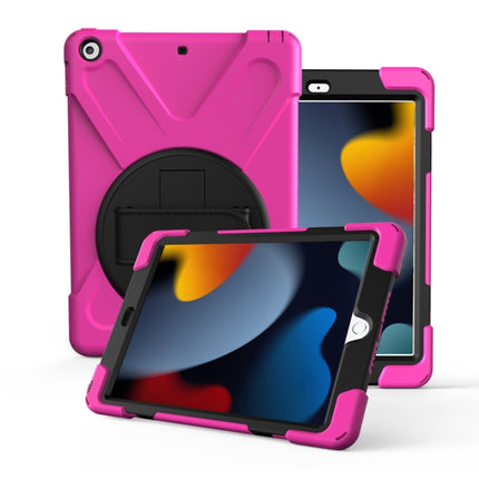 For iPad 10.2 2021 / 2020 / 2019 360 Degree Rotation PC + Silicone Protective Case with Holder & Hand-strap(Rose Red)-garmade.com