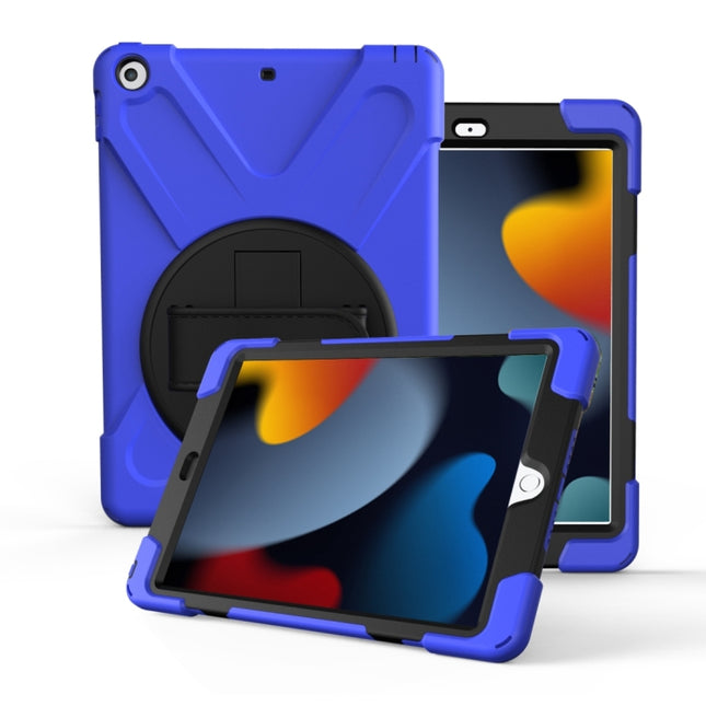 For iPad 10.2 2021 / 2020 / 2019 360 Degree Rotation PC + Silicone Protective Case with Holder & Hand-strap(Dark Blue)-garmade.com