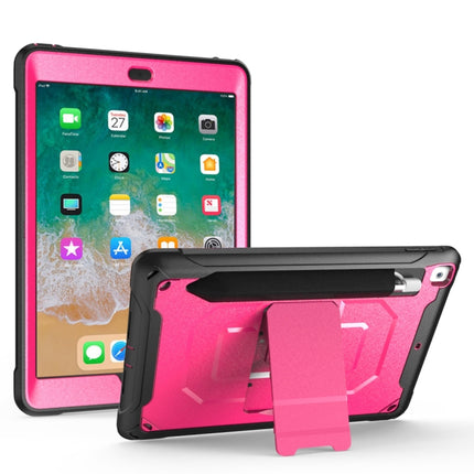 For iPad 9.7 (2018) & (2017) 360 Degree Rotation PC + Silicone Protective Case with Holder & Hand-strap(Rose Red)-garmade.com