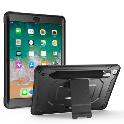 For iPad 9.7 (2018) & (2017) 360 Degree Rotation PC + Silicone Protective Case with Holder & Hand-strap(Black)-garmade.com