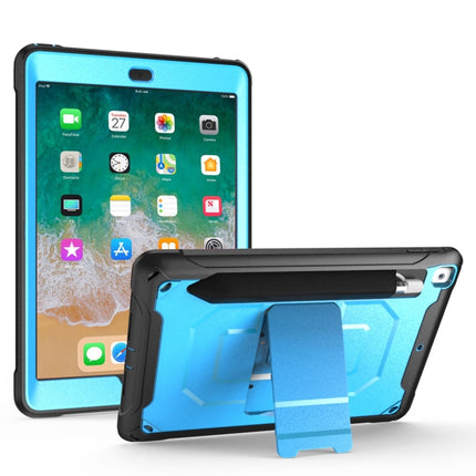 For iPad 9.7 (2018) & (2017) 360 Degree Rotation PC + Silicone Protective Case with Holder & Hand-strap(Light Blue)-garmade.com
