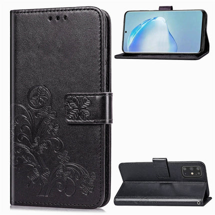 For Galaxy S20+ Four-leaf Clasp Embossed Buckle Mobile Phone Protection Leather Case with Lanyard & Card Slot & Wallet & Bracket Function(Black)-garmade.com