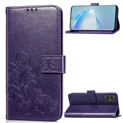 For Galaxy S20+ Four-leaf Clasp Embossed Buckle Mobile Phone Protection Leather Case with Lanyard & Card Slot & Wallet & Bracket Function(Purple)-garmade.com