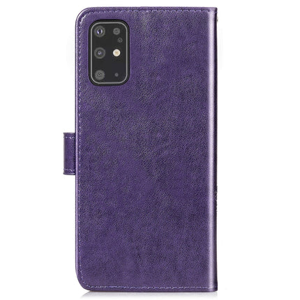 For Galaxy S20+ Four-leaf Clasp Embossed Buckle Mobile Phone Protection Leather Case with Lanyard & Card Slot & Wallet & Bracket Function(Purple)-garmade.com
