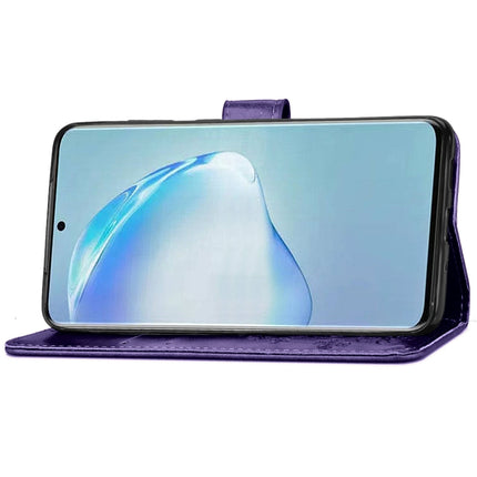 For Galaxy S20+ Four-leaf Clasp Embossed Buckle Mobile Phone Protection Leather Case with Lanyard & Card Slot & Wallet & Bracket Function(Purple)-garmade.com