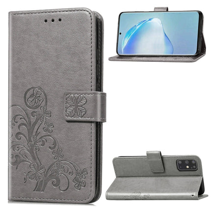 For Galaxy S20+ Four-leaf Clasp Embossed Buckle Mobile Phone Protection Leather Case with Lanyard & Card Slot & Wallet & Bracket Function(Gray)-garmade.com