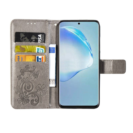 For Galaxy S20+ Four-leaf Clasp Embossed Buckle Mobile Phone Protection Leather Case with Lanyard & Card Slot & Wallet & Bracket Function(Gray)-garmade.com