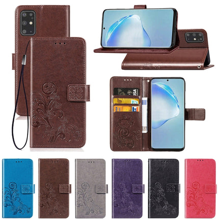 For Galaxy S20+ Four-leaf Clasp Embossed Buckle Mobile Phone Protection Leather Case with Lanyard & Card Slot & Wallet & Bracket Function(Brown)-garmade.com