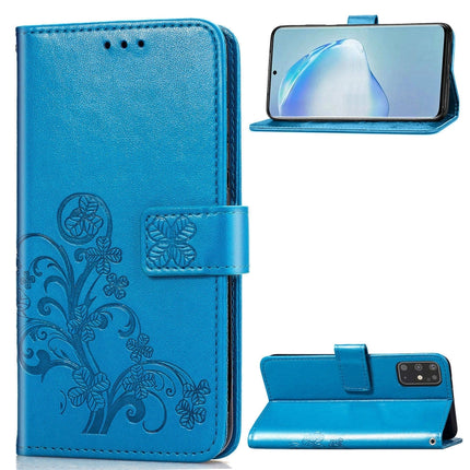 For Galaxy S20+ Four-leaf Clasp Embossed Buckle Mobile Phone Protection Leather Case with Lanyard & Card Slot & Wallet & Bracket Function(Blue)-garmade.com