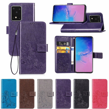 For Galaxy S20 Ultra Four-leaf Clasp Embossed Buckle Mobile Phone Protection Leather Case with Lanyard & Card Slot & Wallet & Bracket Function(Black)-garmade.com