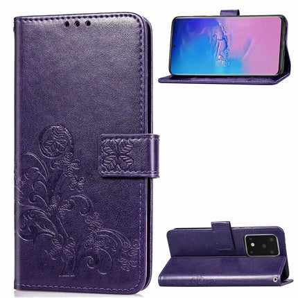 For Galaxy S20 Ultra Four-leaf Clasp Embossed Buckle Mobile Phone Protection Leather Case with Lanyard & Card Slot & Wallet & Bracket Function(Purple)-garmade.com